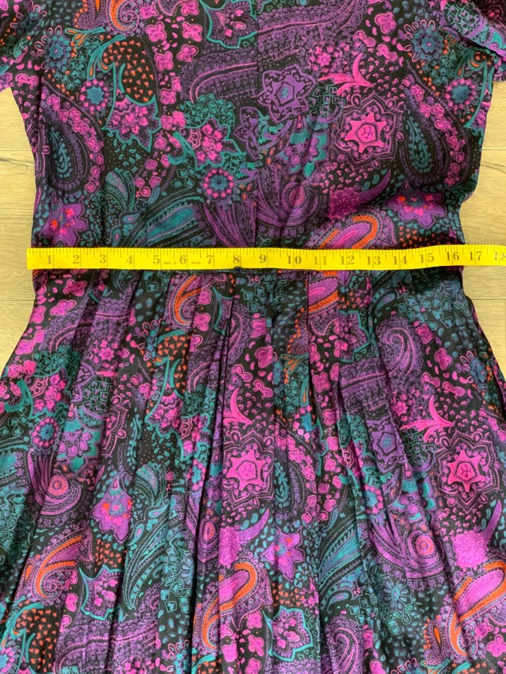 Vintage Paisley Maxi Midi Dress M Purple Pleated Long Puff Sleeve Pockets Modest - Picture 14 of 16